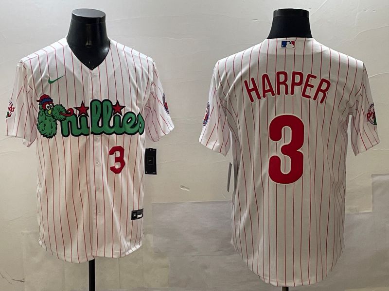 Men Philadelphia Phillies 3 Harper White Stripe Three generations Joint Name Game 2025 Nike MLB Jersey style 4